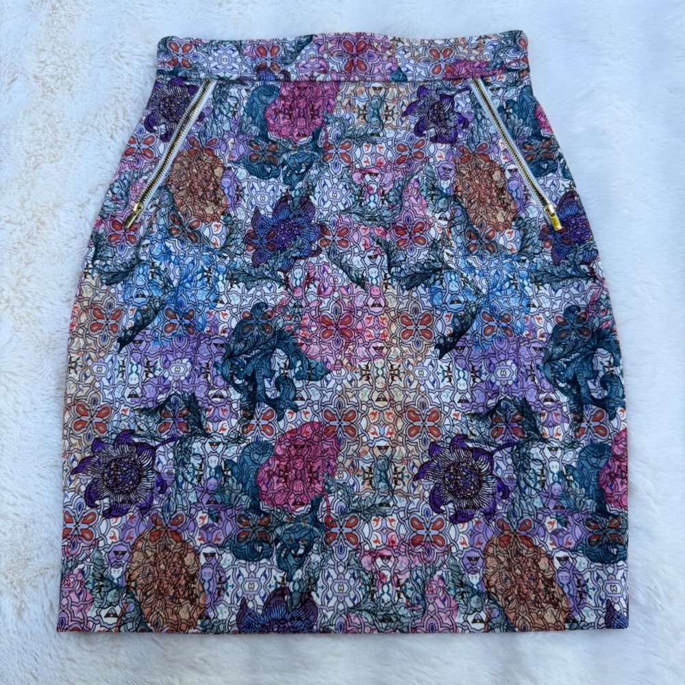 H&M Women Multi-Color Floral Kaleidoscope High Waist Pencil Skirt Size 6 Zip
